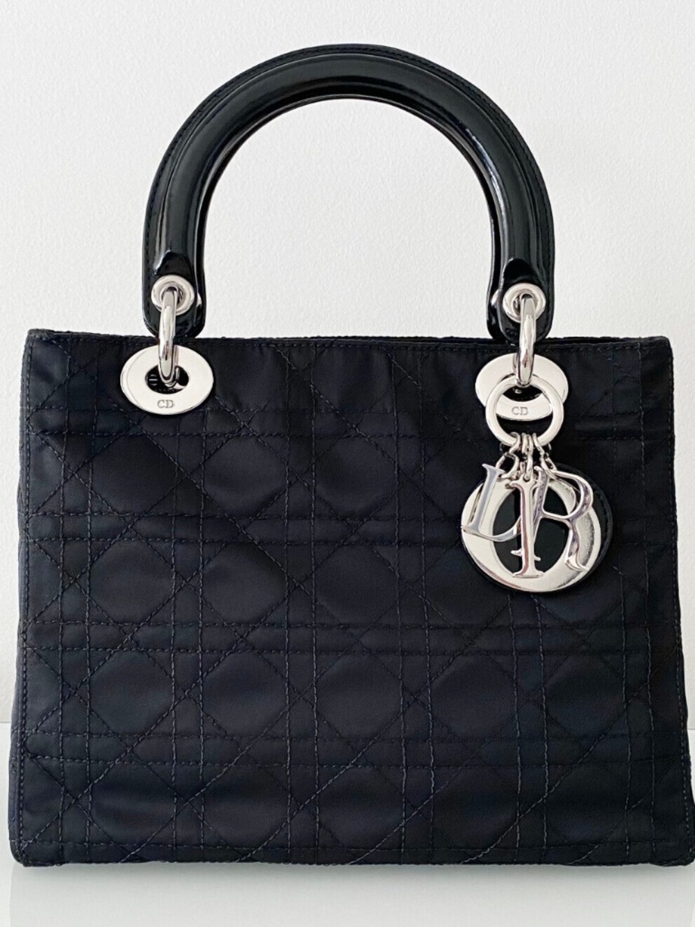 Authentic! Christian Dior Lady Dior Medium Black Nylon Cannage Hand Tote Bag